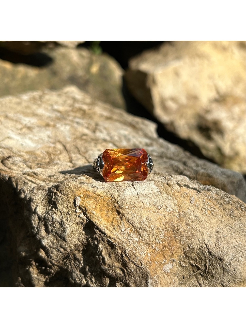Vintage Style Silver Tone Citrine Topaz CZ and 18K GE Statement Ring - Size 9.25